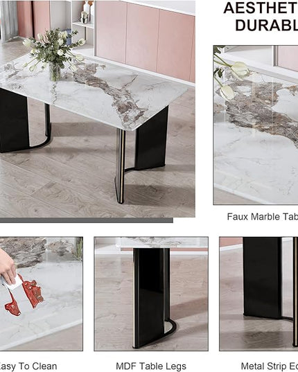 NicBex Modern Minimalist Rectangular Dining Table White Imitation Marble Tabletop, MDF Table Legs with Gold Metal Decorative Strips Suitable for Restaurant and Living Room, White - LeafyLoom