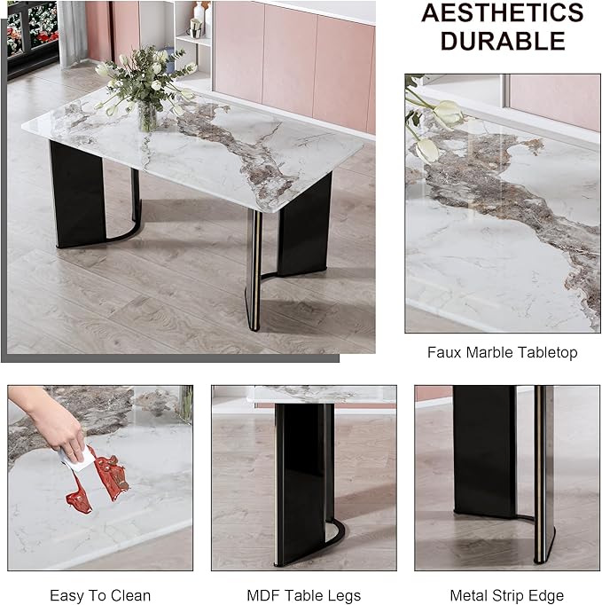 NicBex Modern Minimalist Rectangular Dining Table White Imitation Marble Tabletop, MDF Table Legs with Gold Metal Decorative Strips Suitable for Restaurant and Living Room, White - LeafyLoom
