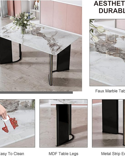 NicBex Modern Minimalist Rectangular Dining Table White Imitation Marble Tabletop MDF Table Legs with Gold Metal Decorative Strips Suitable for Restaurant and Living Room, White - LeafyLoom