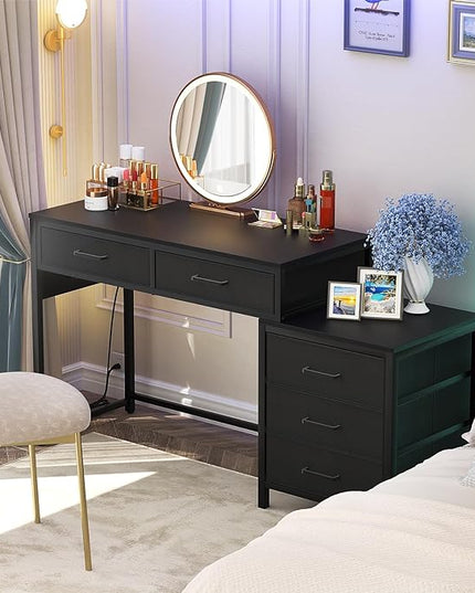 Computer Desk with 5 Drawers, Reversible Office Desk with Power Outlets and USB Charging Ports, Sturdy Writing Table with File Cabinet and Printer Stand, Laptop Desk for Small Spaces, Black - LeafyLoom