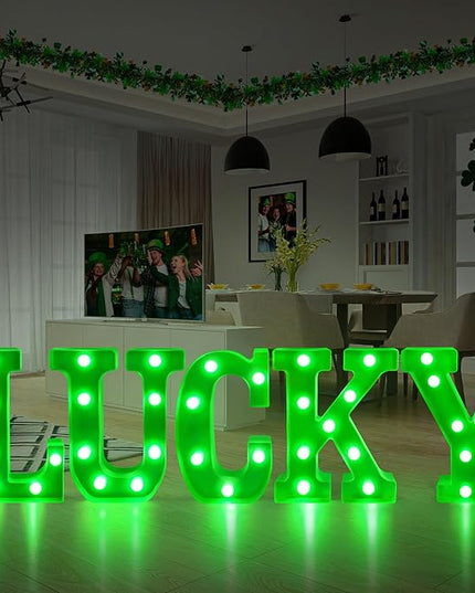 Tifeson St Patricks Day Decorations, St Patricks Day Decor - 5 LED Marquee Light Up Letters “Lucky” with Green Lights for Home Table Mantle Irish Saint Patrick’s Party Decor (Batteries Not Included) - LeafyLoom