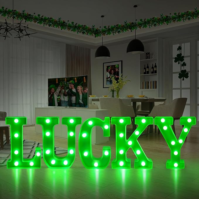 Tifeson St Patricks Day Decorations, St Patricks Day Decor - 5 LED Marquee Light Up Letters “Lucky” with Green Lights for Home Table Mantle Irish Saint Patrick’s Party Decor (Batteries Not Included) - LeafyLoom