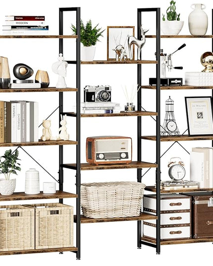 NUMENN Triple Wide 5 Tier Bookshelf, Rustic Industrial Style Bookcases with 14 Open Display Shelves, Modern Tall Bookcase Furniture for Bedroom, Living Room and Home Office, Vintage - LeafyLoom