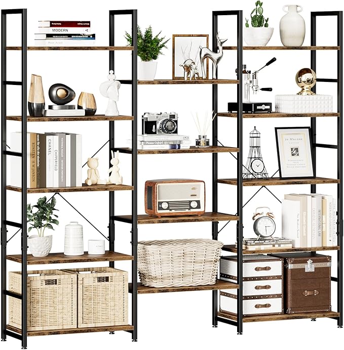 NUMENN Triple Wide 5 Tier Bookshelf, Rustic Industrial Style Bookcases with 14 Open Display Shelves, Modern Tall Bookcase Furniture for Bedroom, Living Room and Home Office, Vintage - LeafyLoom