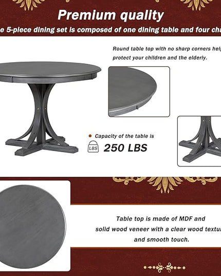 NicBex Kitchen Table Chairs Set of 4 Dining Table Set 5-Piece Retro Round Dining Table Set with Curved Trestle Style Table Legs and 4 Upholstered Chairs for Dining Room, Dark Gray - LeafyLoom