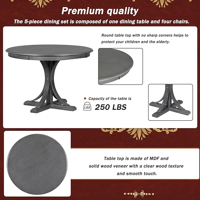 NicBex Kitchen Table Chairs Set of 4 Dining Table Set 5-Piece Retro Round Dining Table Set with Curved Trestle Style Table Legs and 4 Upholstered Chairs for Dining Room, Dark Gray - LeafyLoom
