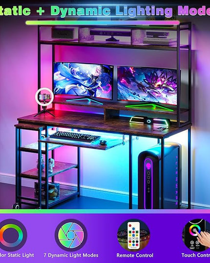 Lvifur RGB Gaming Desk with Wireless Charging Station,7 Dynamic & 24 Static Dimmable Computer Desk with Movable Table, 55'' Home Office Small Desk with Keyboard Tray,Monitor Stand,Display Stand - LeafyLoom