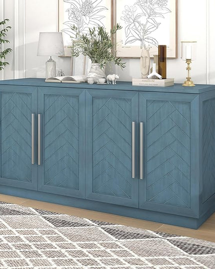 Wooden Sideboard with 4 Doors Large Storage Space,Buffet Cabinet,W/Adjustable Shelves and Silver Handles,Wear-Resistant Performance,for Kitchen,Dining Room,Hallway,Antique Blue, 60" - LeafyLoom