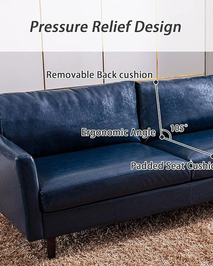 Dreamsir 80'' Faux Leather Sofa Couch, Mid-Century Modern Sofa with Solid Wooden Frame & Padded Cushions, 3-Seater Couch for Living Room, Apartment, Lounge Room (Blue) - LeafyLoom