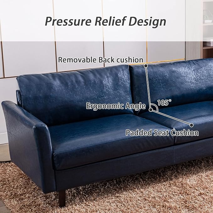 Dreamsir 80'' Faux Leather Sofa Couch, Mid-Century Modern Sofa with Solid Wooden Frame & Padded Cushions, 3-Seater Couch for Living Room, Apartment, Lounge Room (Blue) - LeafyLoom