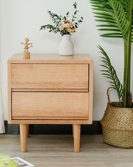 Night Stand, Mid Century Modern Nightstand w/2 Drawers, Boho Nightstand, Small Nightstand, Oak Bedroom Nightstand, Solid Wood Bedside Table, 17.72 W x 15.75 D x 19.69 H Inches(Natural) - LeafyLoom