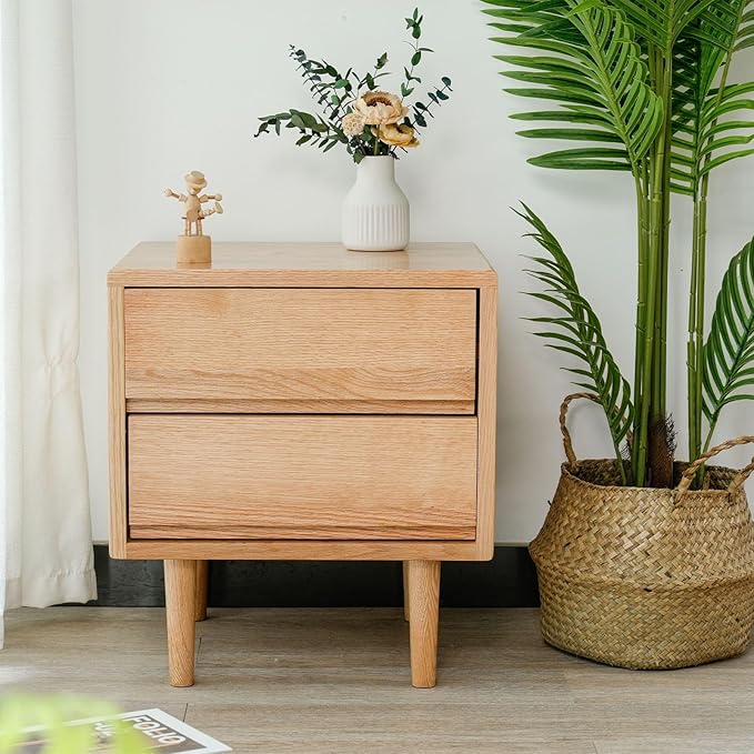 Night Stand, Mid Century Modern Nightstand w/2 Drawers, Boho Nightstand, Small Nightstand, Oak Bedroom Nightstand, Solid Wood Bedside Table, 17.72 W x 15.75 D x 19.69 H Inches(Natural) - LeafyLoom