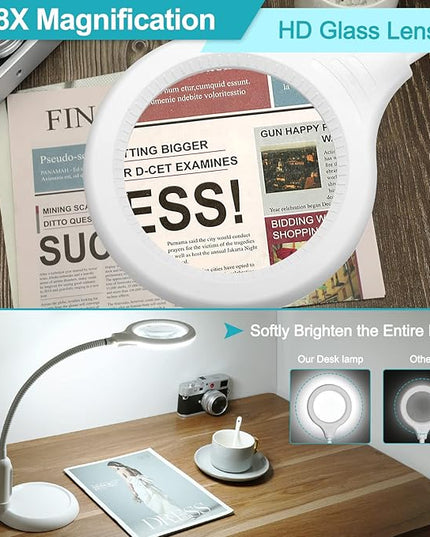 8X Magnifying Glass with Light and Clamp, 5 Color Modes Stepless Dimmable Lighted Magnifier with Stand, Flexible Gooseneck LED Desk Lamp Hands Free for Craft Painting Hobby Close Work - White - LeafyLoom
