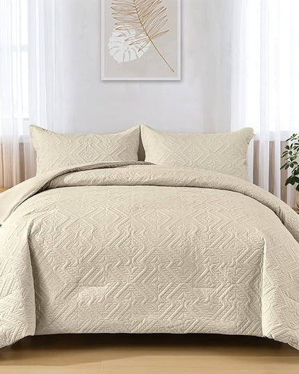 WONGS BEDDING Khaki Comforter Set Queen Size(90“×90”), Boho Geometric Textured Bedding Comforter Sets - 3 Pieces Reversible Soft Microfiber Ultrasonic Bedding with 2 Pillowcases - LeafyLoom