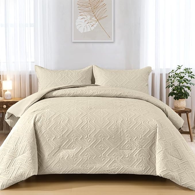 WONGS BEDDING Khaki Comforter Set King Size(104“×90”), Boho Geometric Textured Bedding Comforter Sets - 3 Pieces Reversible Soft Microfiber Ultrasonic Bedding with 2 PillowCases - LeafyLoom