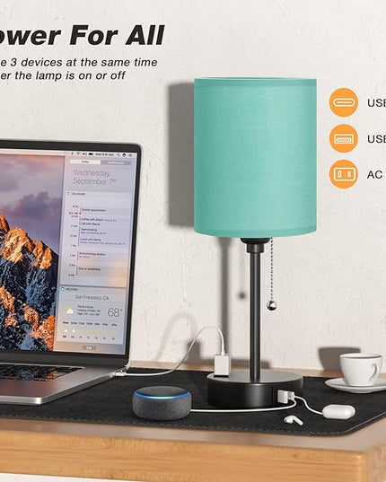 Dicoool Green Table Lamps 3 Color Temperatures - 2700K 3500K 5000K Bedside Lamp with USB C and A Ports, Pull Chain Lamp for Bedroom with AC Outlet, Nightstand Lamp with Black Metal Base for Kids Boys - LeafyLoom