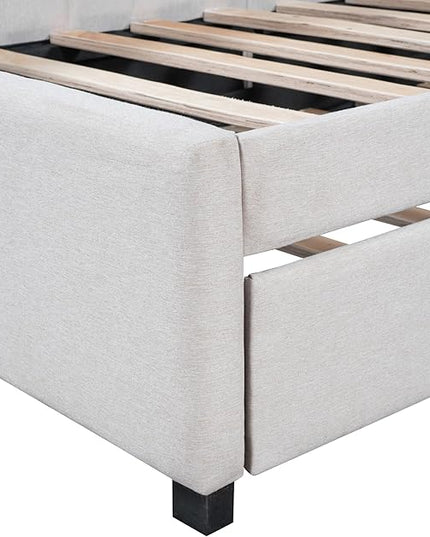 Twin Size Upholstered Linen Daybed with 2 Trundle,Semi-Closed Design,Solid Wood Bed Frame,W/Backrest and Slat Support,No Box Spring Needed,for Apartment Bedroom,Beige - LeafyLoom