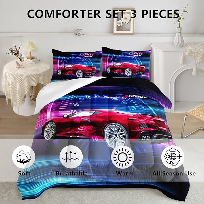 Axolotl Race Car Bedding Set Full Size,Boys Extreme Sports Comforter Set for Kids Boys Car Racing Gifts,Red Cool Car Comforter Car Sports Quilt Set 1 Comforter Set with 2 Pillowcase Car Racing Gifts - LeafyLoom