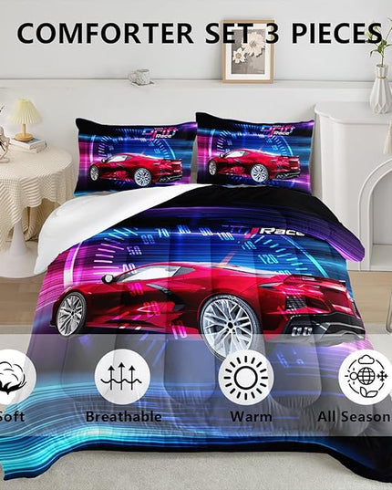 Axolotl Race Car Bedding Set Twin Size,Boys Extreme Sports Comforter Set for Kids Boys Car Racing Gifts,Red Cool Car Comforter Car Sports Quilt Set 1 Comforter Set with 2 Pillowcase Car Racing Gifts - LeafyLoom