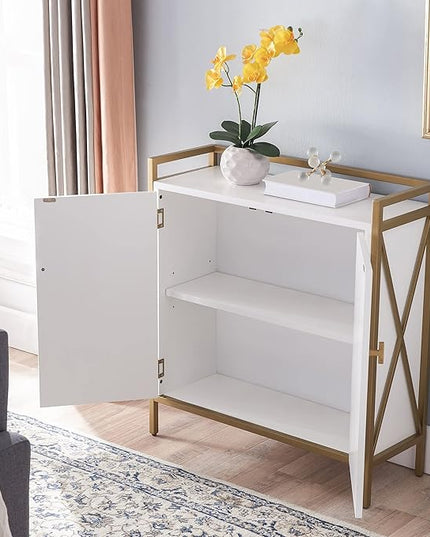 Leick Home 9200-WTGL Claudette Mixed Metal and Wood Foyer Hall Cabinet, White/gold - LeafyLoom