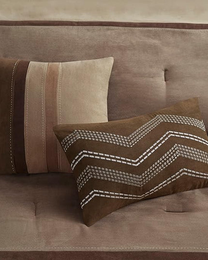 Madison Park Palisades Comforter Set Modern Faux Suede Pieced Stripe Design, All Season Down Alternative Cozy Bedding with Matching Shams, Decorative Pillows, Queen(90"x90"), Brown 7 Piece - LeafyLoom
