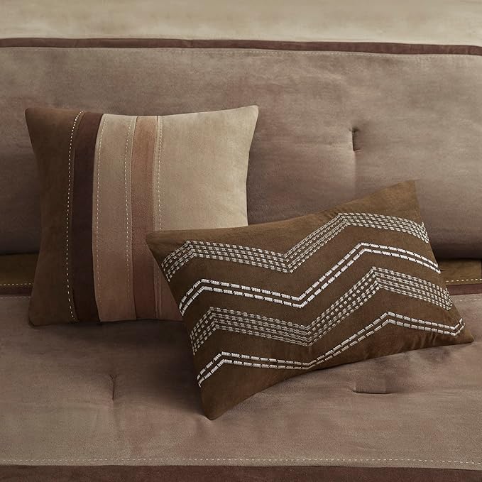 Madison Park Palisades Comforter Set Modern Faux Suede Pieced Stripe Design, All Season Down Alternative Cozy Bedding with Matching Shams, Decorative Pillows, Queen(90"x90"), Brown 7 Piece - LeafyLoom