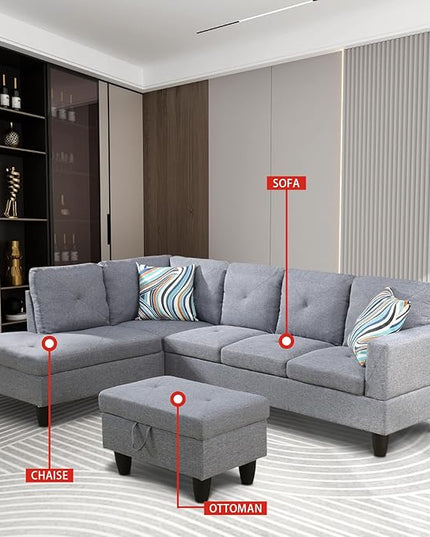 ROOMTEC Button L Shape Sectional Sofa Set, 5 Seat Upholstered Corner Couch with Storage Ottoman, Luxurious Linen Tufted Cushions, for Living Room, Apartment, 97inch, Agate Grey w/Left Chaise Lounge - LeafyLoom