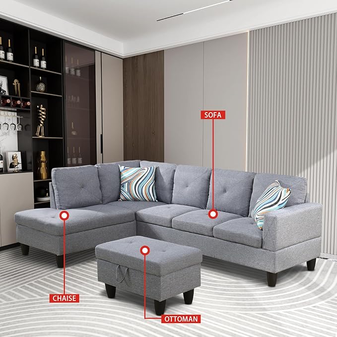 ROOMTEC Button L Shape Sectional Sofa Set, 5 Seat Upholstered Corner Couch with Storage Ottoman, Luxurious Linen Tufted Cushions, for Living Room, Apartment, 97inch, Agate Grey w/Left Chaise Lounge - LeafyLoom
