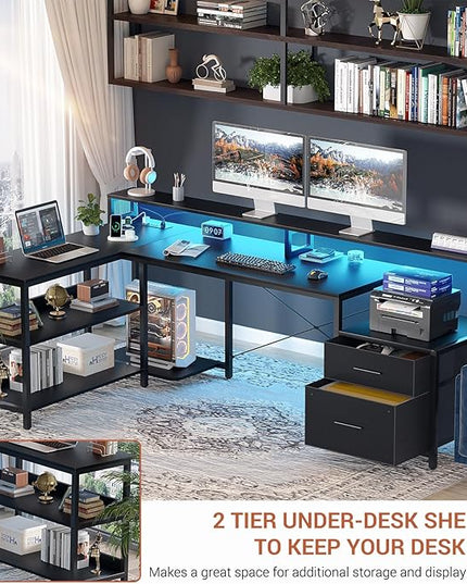 Aheaplus L Shaped Desk with File Drawer, 66" Reversible L Shaped Computer Desk with Power Outlet & LED Strip, Gaming Desk with Long Monitor Stand, Office Desk Corner Desk with Storage Shelf, Black - LeafyLoom