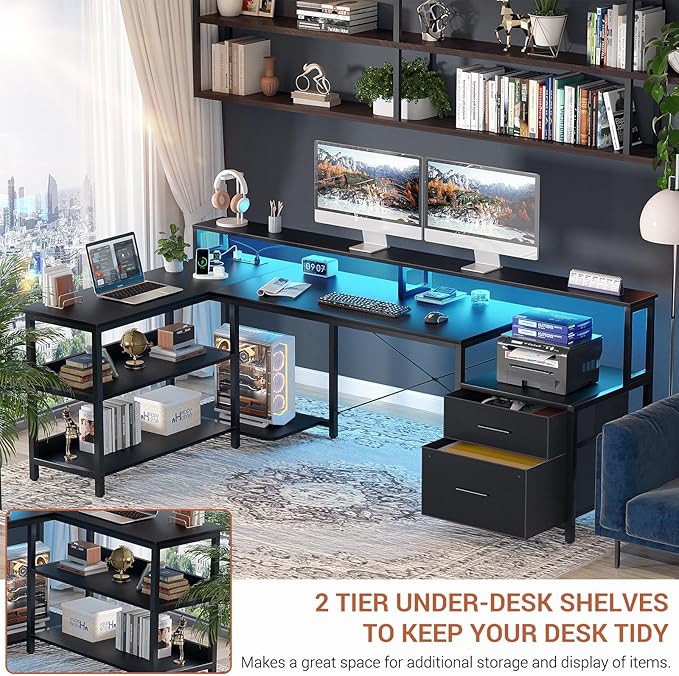 Aheaplus L Shaped Desk with File Drawer, 66" Reversible L Shaped Computer Desk with Power Outlet & LED Strip, Gaming Desk with Long Monitor Stand, Office Desk Corner Desk with Storage Shelf, Black - LeafyLoom