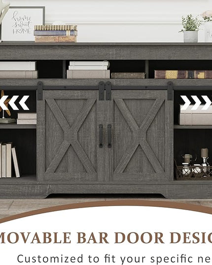 Farmhouse TV Stand with Sliding Barn Door for TVs up to 65+ Inch, 34" Tall Entertainment Center, Wood Media Console Storage Cabinet for Bedroom, Living Room, Dark Grey - LeafyLoom