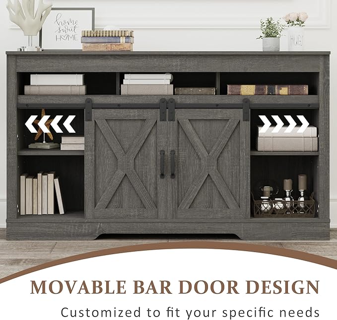 Farmhouse TV Stand with Sliding Barn Door for TVs up to 65+ Inch, 34" Tall Entertainment Center, Wood Media Console Storage Cabinet for Bedroom, Living Room, Dark Grey - LeafyLoom