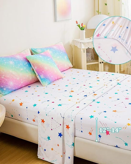 6 Pcs Bed in A Bag Glitter Galaxy Comforter Set Twin Size, Ombre Pink Rainbow Bedding Sets with Sheets for Girls - LeafyLoom
