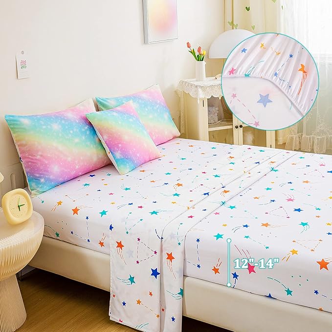 6 Pcs Bed in A Bag Glitter Galaxy Comforter Set Twin Size, Ombre Pink Rainbow Bedding Sets with Sheets for Girls - LeafyLoom