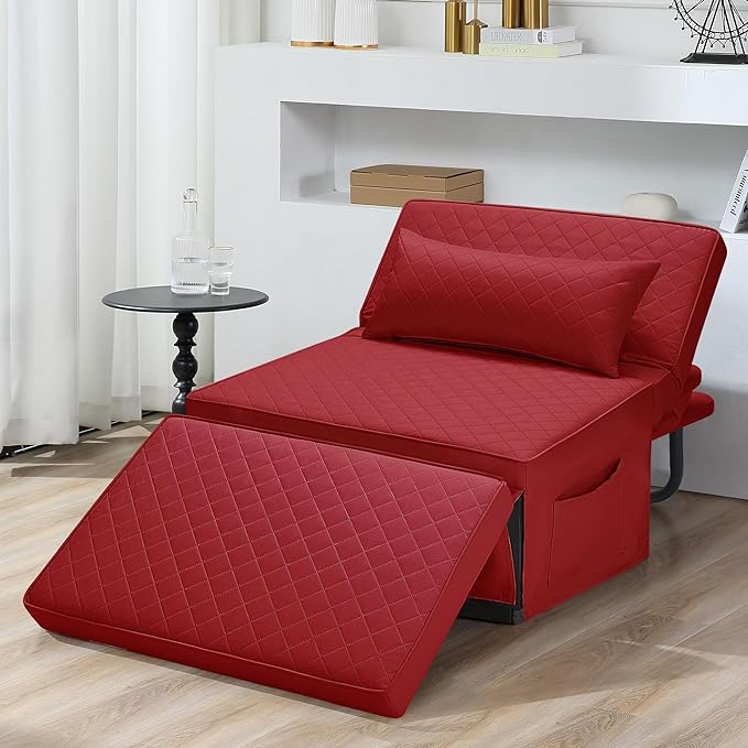 Sofa Bed, 4 in 1 Multi-Function Folding Ottoman Breathable Linen Couch Bed with Adjustable Backrest Modern Convertible Chair for Living Room Apartment Office,Squared-Linen Red - LeafyLoom