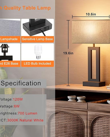 Nightstand Table Lamps for Bedrooms Set of 2 - Touch Bedside Lamp with USB C+A, 3 Way Dimmable Living Room Lamps for End Tables Set of 2, Modern Night Stand Lamps for Bed Side Guest Room(Grey) - LeafyLoom