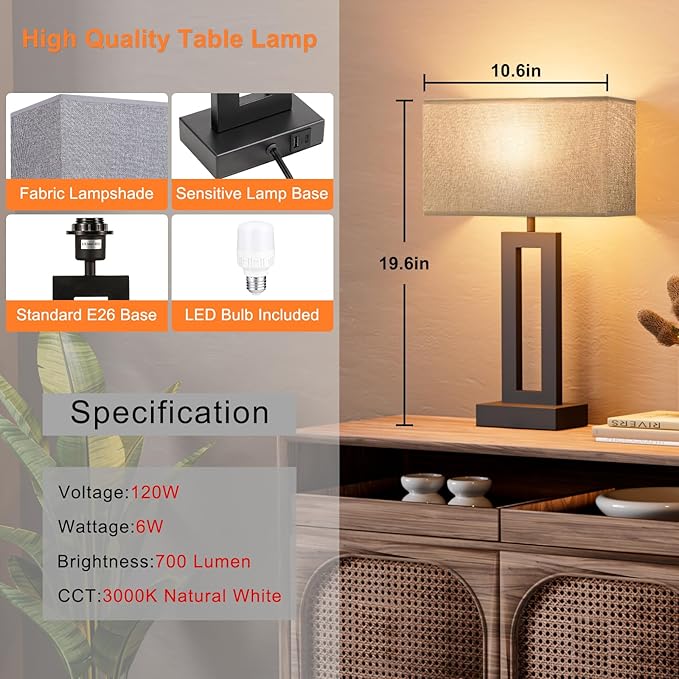 Nightstand Table Lamps for Bedrooms Set of 2 - Touch Bedside Lamp with USB C+A, 3 Way Dimmable Living Room Lamps for End Tables Set of 2, Modern Night Stand Lamps for Bed Side Guest Room(Grey) - LeafyLoom