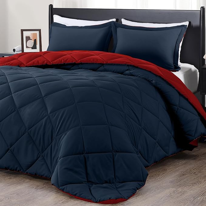 downluxe Queen Comforter Set - Red and Navy Queen Comforter, Soft Bedding Sets for All Seasons -3 Pieces - 1 Comforter (88"x92") and 2 Pillow Shams(20"x26") - LeafyLoom
