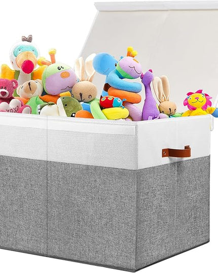 Large Toy Storage Box with Lid, Sturdy Toys Storage Chest Bin Organizer Basket with Dividers for Kids, Boys, Girls, Nursery, Closet, Bedroom, Playroom 26"x17" x17" (Grey and White) - LeafyLoom