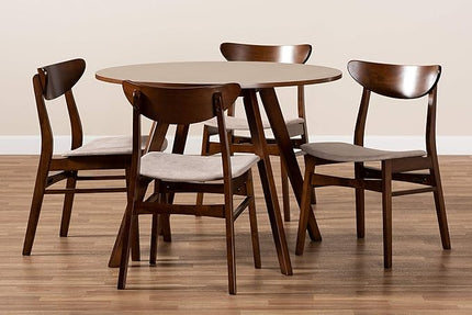 Baxton Studio Philip Mid-Century Modern Transitional Light Beige Fabric Upholstered and Walnut Brown Finished Wood 5-Piece Dining Set - LeafyLoom