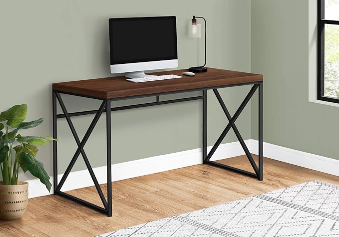 Monarch Specialties Modern Industrial Style-Home & Office Writing Table with Sturdy Crisscross Metal Computer Desk, 48" L, Cherry/Black Frame - LeafyLoom