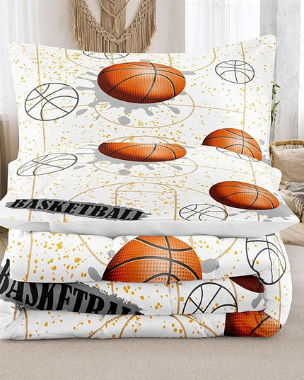 NINENINE White Basketball Comforter Sets for Teen Boys Full Size Sports Bedding White and Gold Comforter Sets with 1 Comforter 2 Pillowcases - LeafyLoom