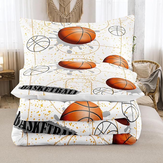 NINENINE White Basketball Comforter Sets for Teen Boys Full Size Sports Bedding White and Gold Comforter Sets with 1 Comforter 2 Pillowcases - LeafyLoom