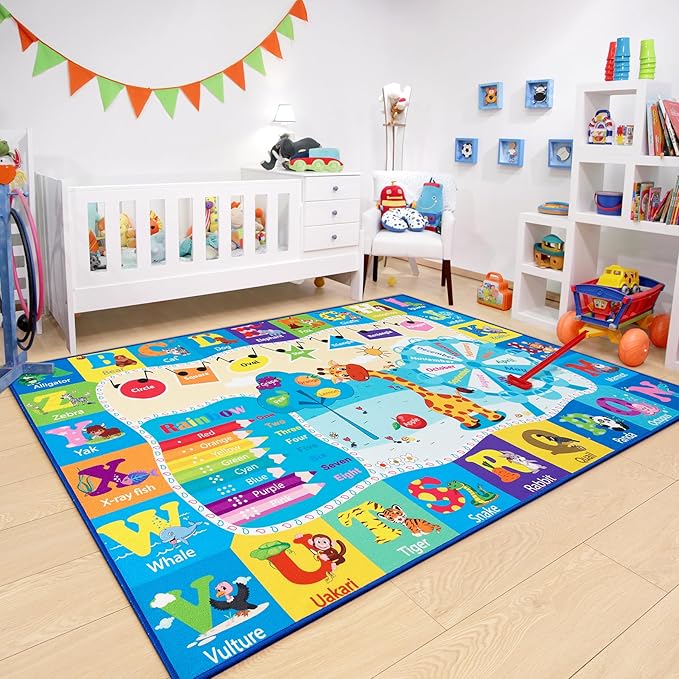Chicrug Educational Kid Area Rug for Playroom, 4x6 Feet TPR Non Slip Kids Classroom Carpet Rug for Learning ABC Animal, Shape Color Fruit, Washable Play Mat Rug for Children Nursery Toddler Room Decor - LeafyLoom