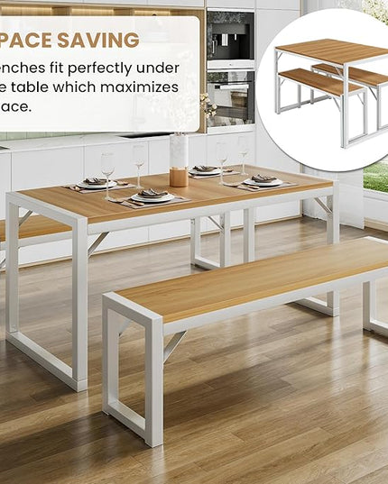 SHA CERLIN 3-Piece Dining Table Set with 2 Benches, Rustic Kitchen Table Set for 4-6, Space-Saving Dinette, Sturdy Structure, Easy Assemble, Maple/White - LeafyLoom
