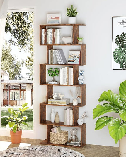 Yusong Geometric Bookcase, Bookshelf 6-Tier S Shaped Book Shelves for Bedroom, Modern Wood Decorative Display Shelf Tall Book Case for Home Office, Rustic Brown - LeafyLoom