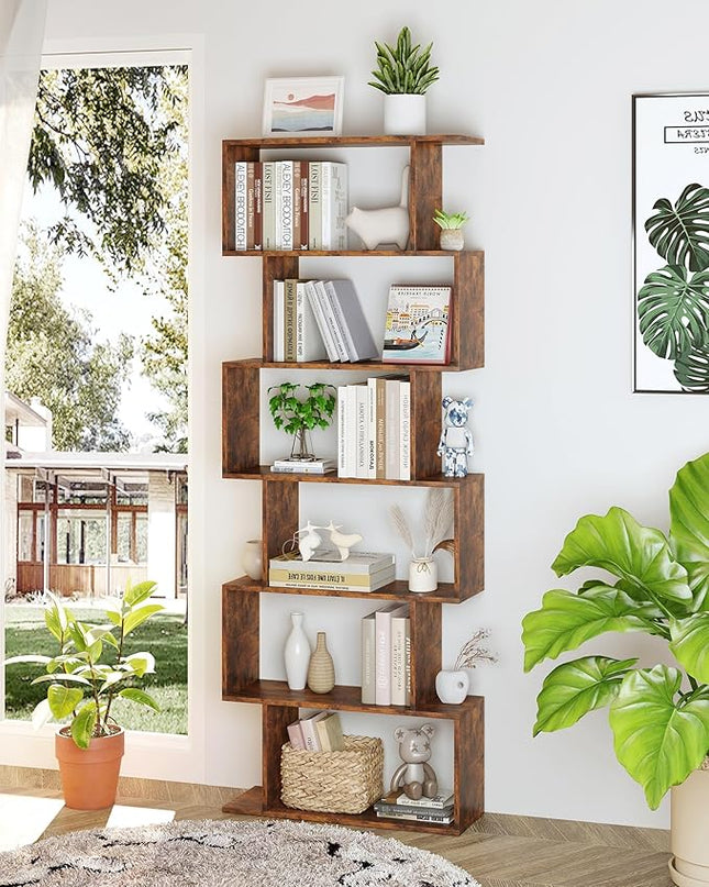 Yusong Geometric Bookcase, Bookshelf 6-Tier S Shaped Book Shelves for Bedroom, Modern Wood Decorative Display Shelf Tall Book Case for Home Office, Rustic Brown - LeafyLoom