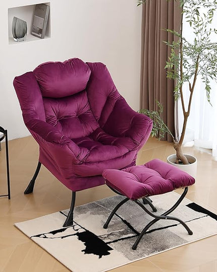 Lazy Chair with Ottoman, Modern Chair with Folding Footrest, Lounge Accent Chair, Comfortable Reading Chair (Dark Purple) - LeafyLoom