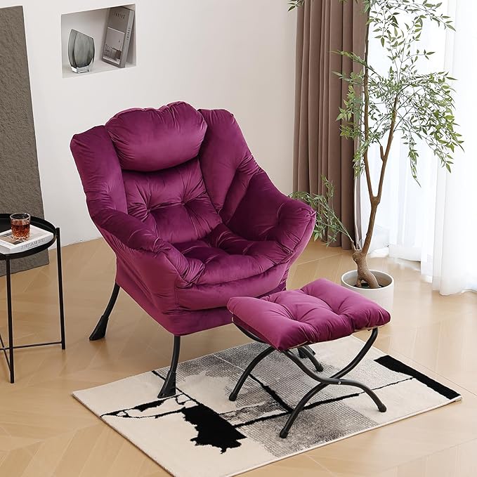 Lazy Chair with Ottoman, Modern Chair with Folding Footrest, Lounge Accent Chair, Comfortable Reading Chair (Dark Purple) - LeafyLoom