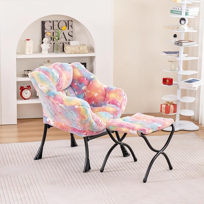 Welnow Toddler Kids Lazy Chair with Ottoman, Glow in The Dark Accent Comfy Lounge Children Armchair Couch with Removable Cover, Detachable Reading Chair with Footrest for Boy or Girl - LeafyLoom